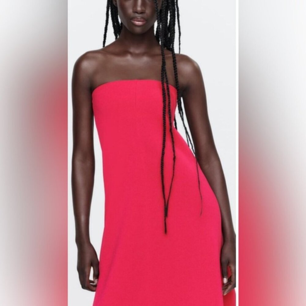 NWT ZARA Strapless Fuchsia Knit Midi Tube Dress Straight Neck 6873/013 Small